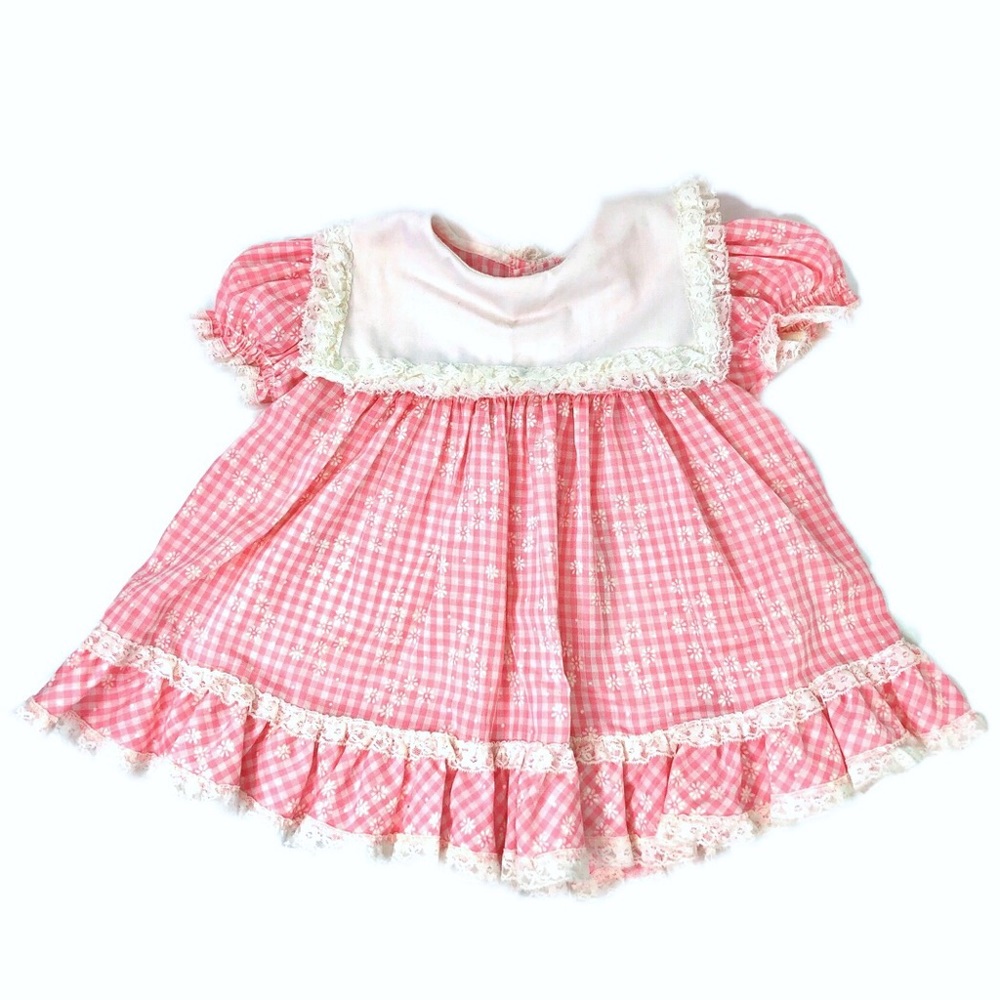 VTG Baby Girl PinkWhite Gingham Dress Daisies 6-9m